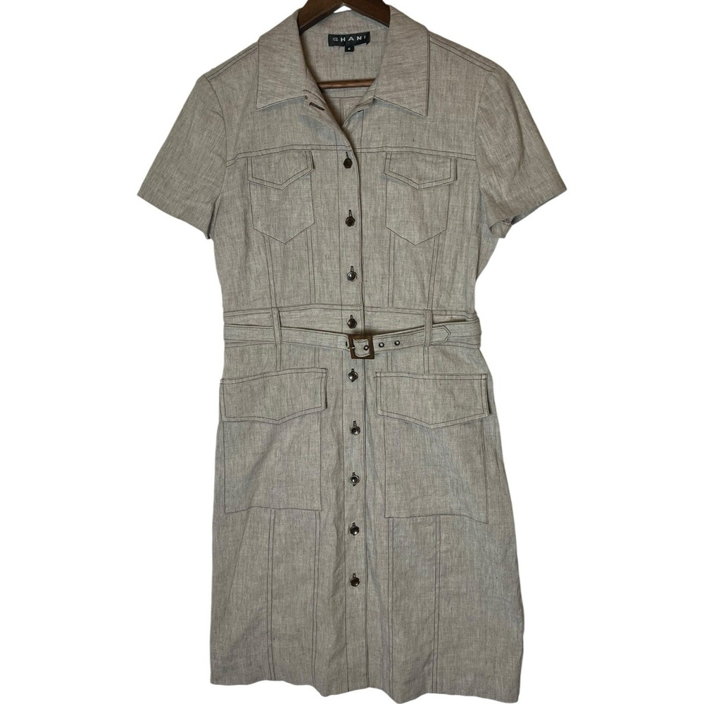 Shani Womens 6 Utility Dress Oatmeal Linen Safari Button Shirt Office